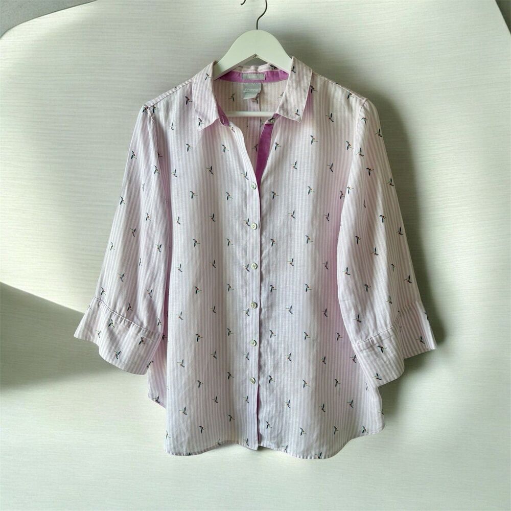 Chico’s 2 US 12 Pink White Striped Linen Button Up Shirt Hummingbird Pattern